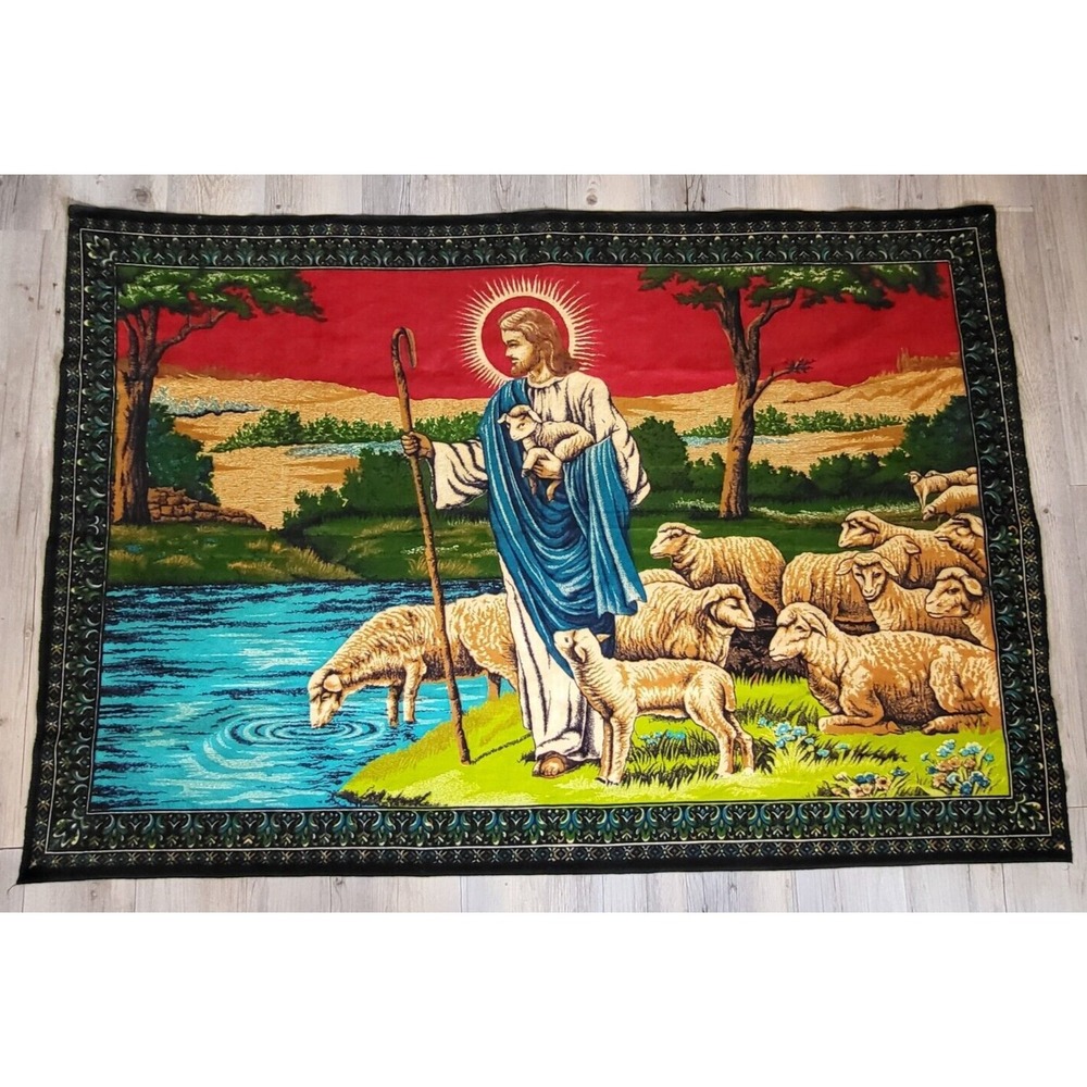 VTG Jesus Sheep Wall Hanging Shepherd Cotton Mural 57" X 39" Vivid Color TURKEY